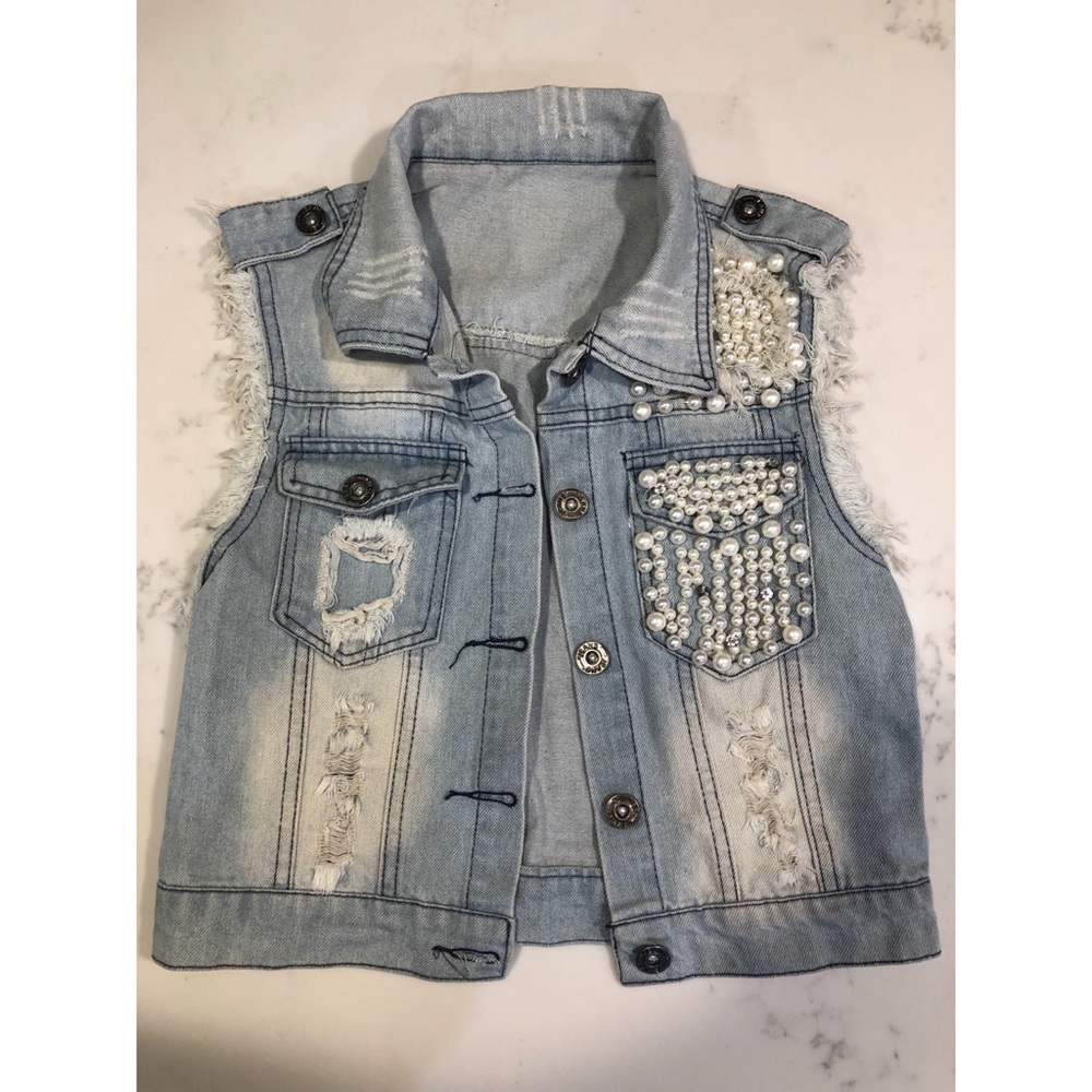 HANDMADE Embellished Crop Denim Vest Size S